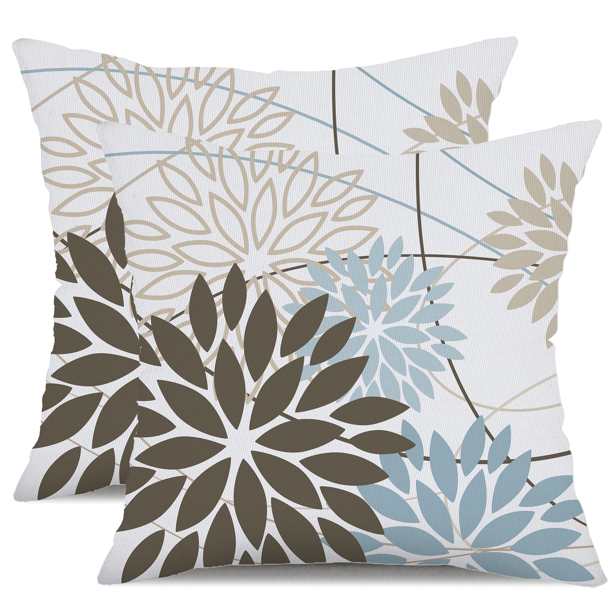 Brown Blue Flower Pillow Covers 18X18 Inch Set Of 2 Summer Outdoor Waterproof Decor For Home Patio Funiture Garden Living Room M